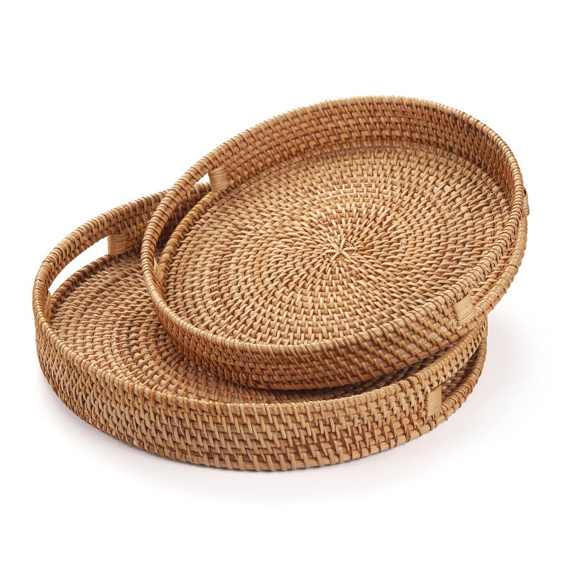 DECRAFTS Round Rattan Serving Tray Decorative Woven Ottoman Trays with Handles for Coffee Table Natural (Small 11.8 inch x 2 inch) - Image 2